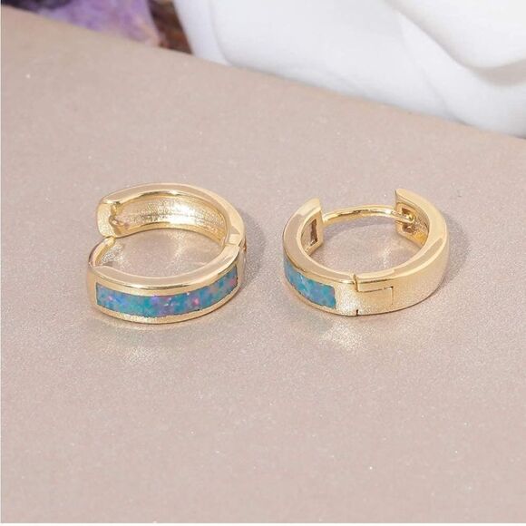 14K Yellow Gold with Genuine Rainbow Fire Opal Huggie Hoop Snap Hinge Earrings - Picture 3 of 4
